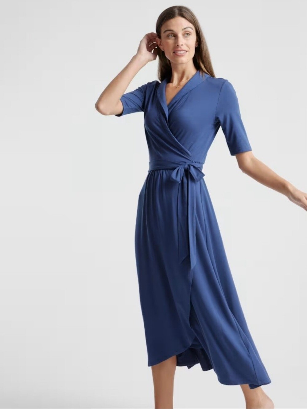 Quince Tencel Jersey Navy Blue Wrap Midi Dress Women Size Small NWT Office